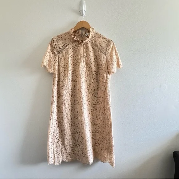 Sandro Peach High Neck Lace Rhinestones Cocktail Mini Dress size 40/ US4 - Picture 6 of 16
